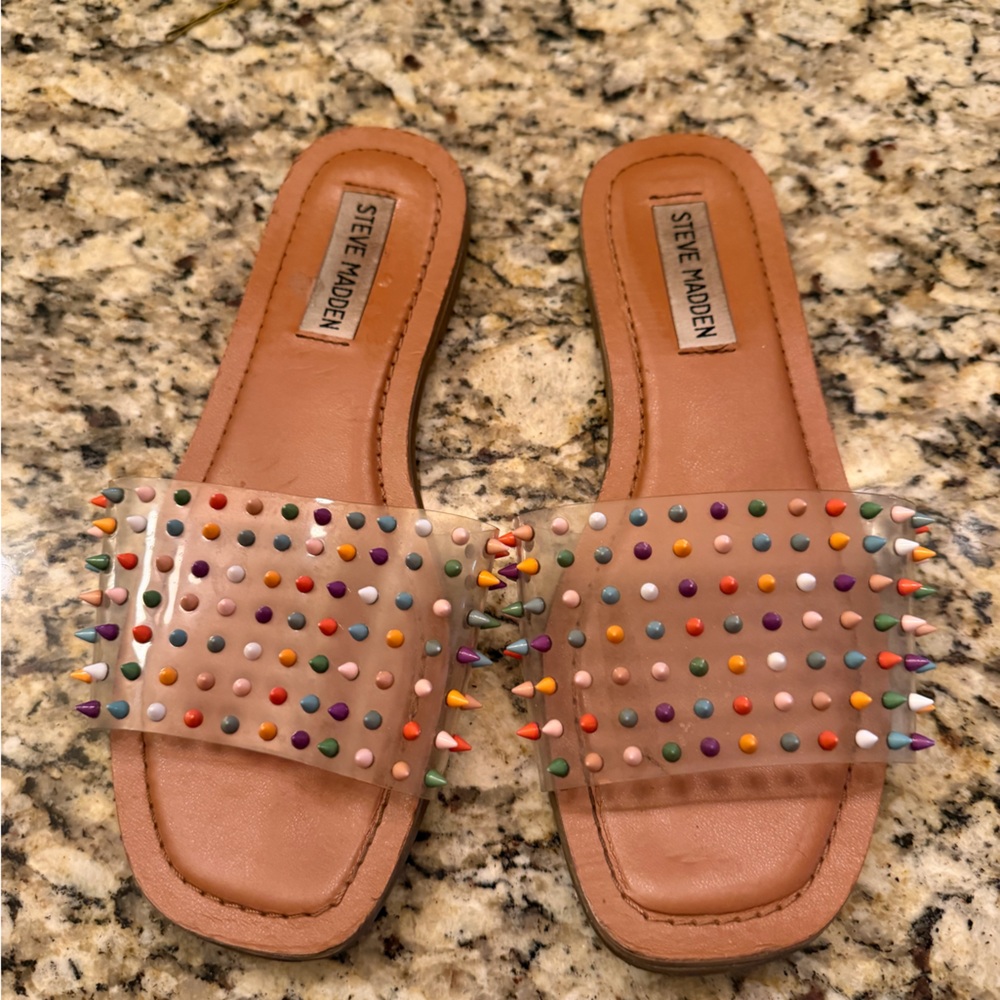 Steve Madden Tan Slide Sandals with Multicolor Studs